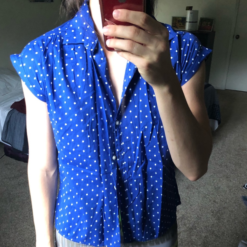 Blue, white polka dot button up shirt sleeve shirt